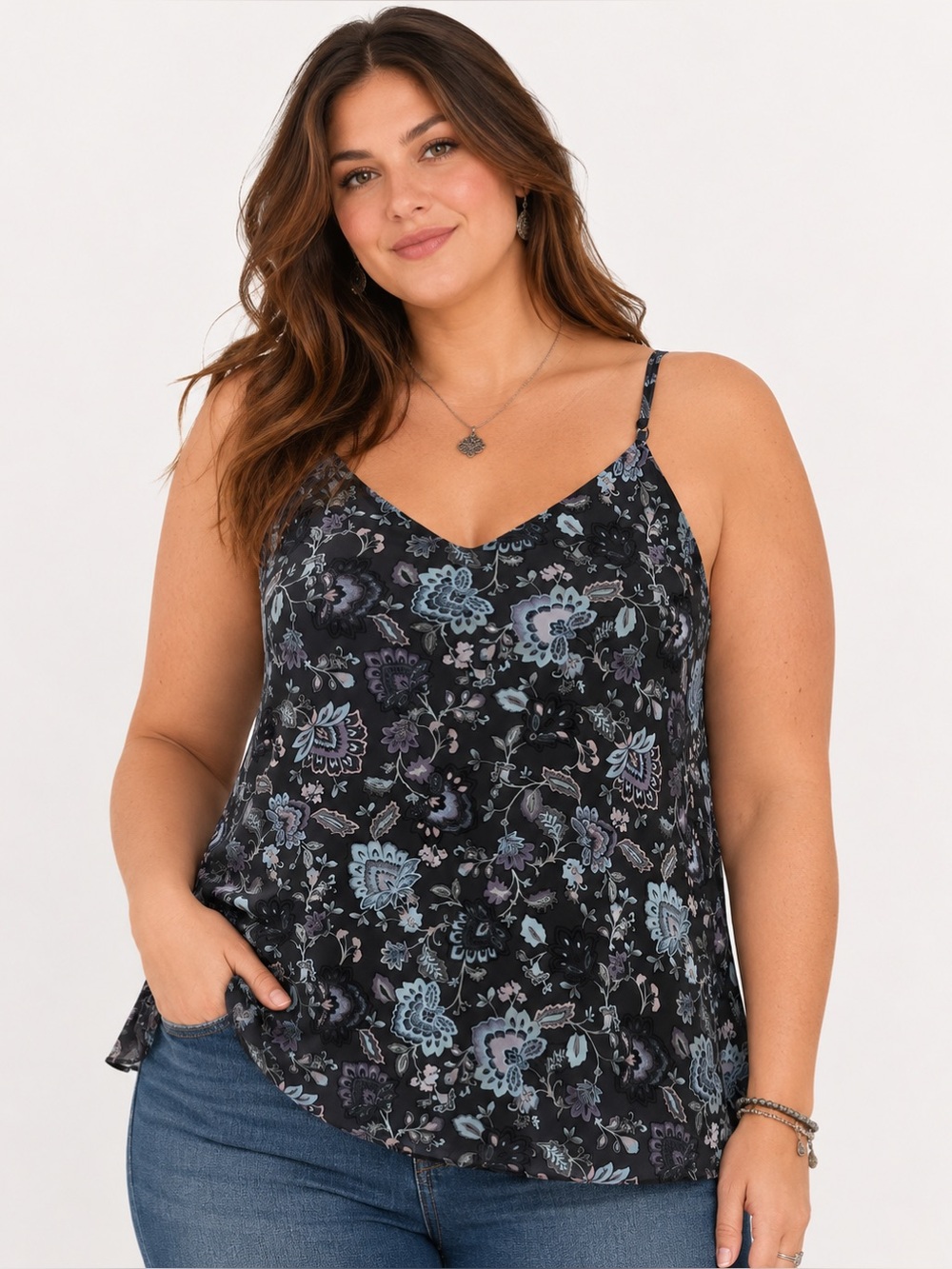 Torrid Sophie Charcoal Paisley Chiffon Cami Tank Top Adjustable Strap Size 1 1X